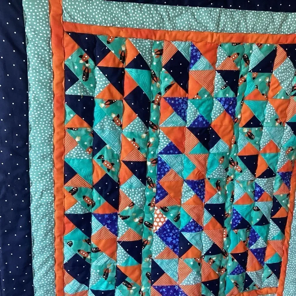 NWT. Hand Crafted To The Moon RocketshipColorful Patchwork Quilt w/ Teddy Quilt